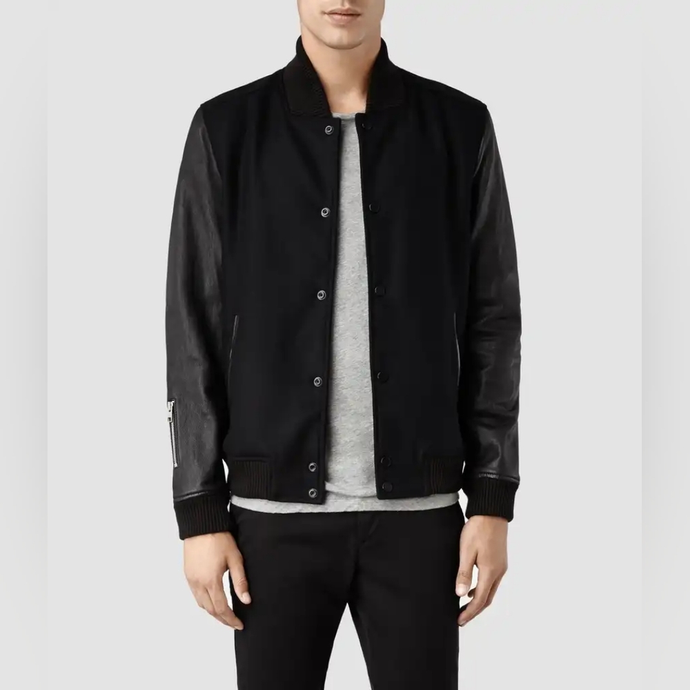 All Saints "Milo" Varsity Style Bomber Jacket Black Size S